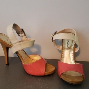 Pinkish red and white leather heels